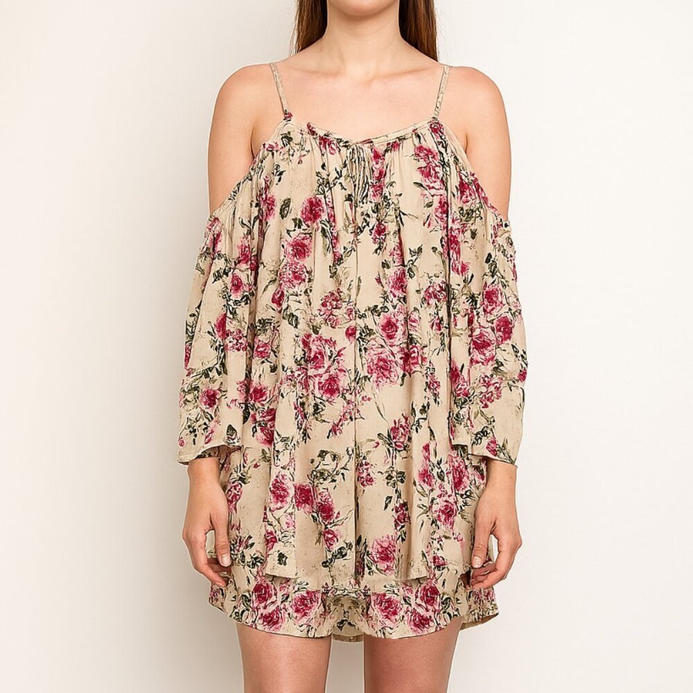 Romantic Off the shoulder Floral Rose Boho Gypsy Cold Shoulder Flounce Dress‎